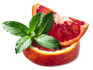 Blood orange slices with fresh  spearmint leaves isolated