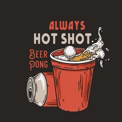 Beer pong game. T-shirt print with beer cups, metal can and flying ball for design competition or tournament in bar. Alcohol sport with throw and drink. College challenge with booze