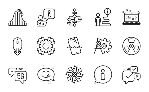 Technology icons set. Included icon as Cogwheel dividers, Yummy smile, Sound check signs. Smartphone waterproof, 5g internet, Versatile symbols. Seo gear, Block diagram, Online voting. Vector