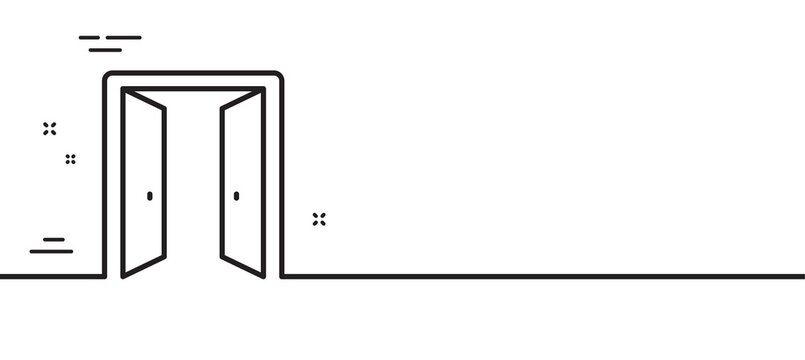 Open door line icon. Entrance doorway sign. Building exit symbol. Minimal line illustration background. Open door line icon pattern banner. White web template concept. Vector