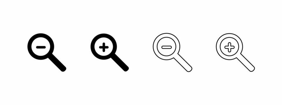 Increase and decrease. Vector web icons. Magnifying signs.