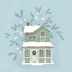 Zimowy domek, śnieg i jemioła. Dom ozdobiony na Święta Bożego Narodzenia i Nowy Rok. Nowoczesny zielony rodzinny dom ze spadzistym dachem, oknami, drzwiami i białymi poręczami. Urocza chatka. - obrazy, fototapety, plakaty