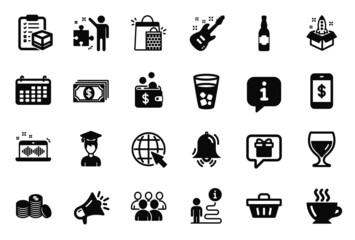 Vector Set of simple icons related to Wine glass, Shopping basket and Calendar icons. Ice tea, Shopping bags and Smartphone payment signs. Coffee, Wish list and Beer bottle. Clock bell. Vector