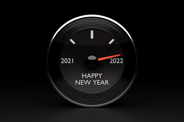 Naklejka premium 3D illustration close up black speedometer with cutoffs 2021,2022 and calendar months. The concept of the new year and Christmas in the automotive field. Counting months, time until the new year.