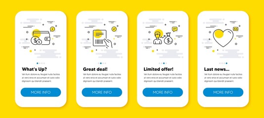 Vector set of Parcel invoice, Buying accessory and Sallary line icons set. UI phone app screens with line icons. Heart icon. Delivery document, Wallet with coins, Person earnings. Vector