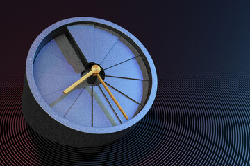 3d illustration blue round clock on dark isolated background. Stopwatch icon, logo. Chronometer, vintage timer