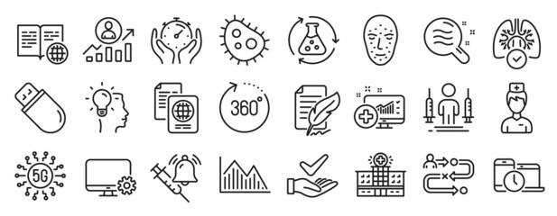 Set of Science icons, such as Time management, Timer, Journey path icons. Usb stick, Coronavirus injections, Skin condition signs. Lungs, Dermatologically tested, Hospital building. Doctor. Vector