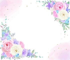 美しい白とピンクのバラとブルースターと紫色の花の招待状水彩画風ロマンチックベクターフレーム