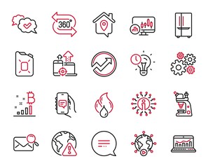 Vector Set of Technology icons related to Bitcoin graph, Audit and Web analytics icons. Search mail, Cogwheel and Canister oil signs. Time management, Chat app and Seo devices. 360 degree. Vector