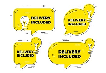 Delivery included text. Idea yellow chat bubbles. Free shipping sign. Special offer symbol. Delivery included chat message banners. Idea lightbulb balloons. Vector