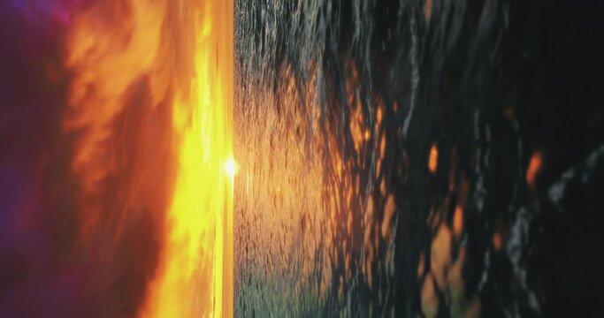 4K Vertical 3d animation of Sun Shine Above Sea Ocean During Sunset. Sea Ocean With Waves. Wave Water Foam Splashes At Sunset. Sundown Vacation Vertical Background. Tropical Resort Concept.