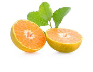 tangerine or mandarin fruit with leaves isolated on white background
