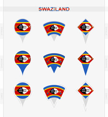 Swaziland flag, set of location pin icons of Swaziland flag.
