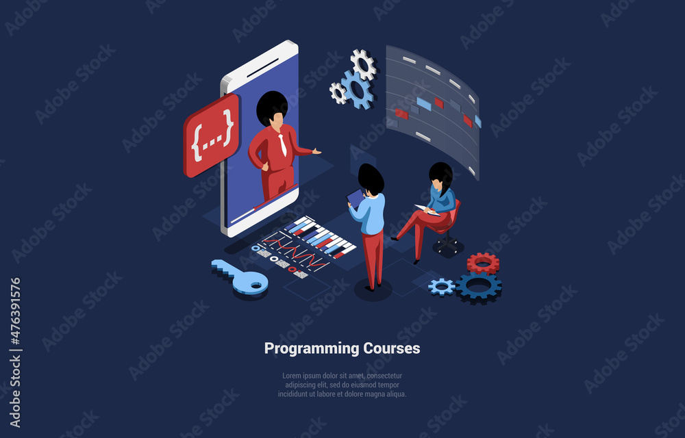 Wall mural programming study courses vector illustration in cartoon 3d style on dark background. conceptual iso