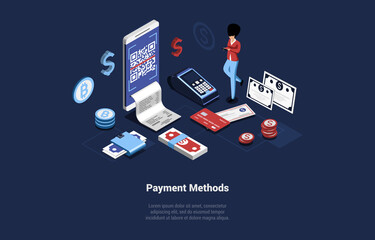 Different Payment Methods Vector Illustration In Cartoon 3D Style On Dark Background. Conceptual Isometric Design With Characters And Writing. Buy And Sell Product Ways, Cash Currency, Electronic Bill