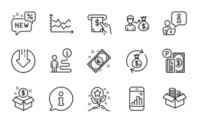 Finance icons set. Included icon as Atm service, Sallary, Loyalty points signs. Money box, Money exchange, Download arrow symbols. Post package, New, Diagram chart. Graph phone line icons. Vector