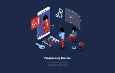 Programming Study Courses Vector Illustration In Cartoon 3D Style On Dark Background. Conceptual Isometric Design With Characters And Writing. Internet Learn, Online Education, Remote School, College