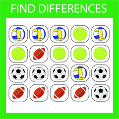 worksheet vector design, the task is to find among the same sport balls in a row. Logic game for children.