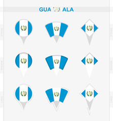 Guatemala flag, set of location pin icons of Guatemala flag.