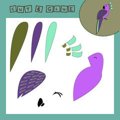 Fototapeta premium Children's paper puzzle with a pet parrot. Baby education cut and paste applique for preschool age.