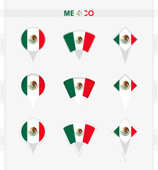 Mexico flag, set of location pin icons of Mexico flag.