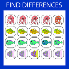 worksheet vector design, the task is to find among the same fishes in a row. Logic game for children.