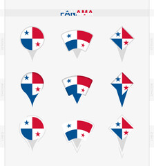 Panama flag, set of location pin icons of Panama flag.