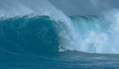 Naklejka premium Sport photography. Jaws swell on International surfing event in Maui, Hawai 2021 December.