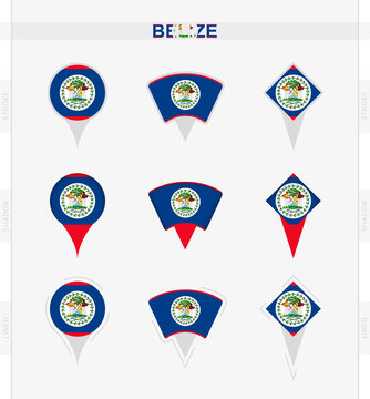 Belize flag, set of location pin icons of Belize flag.