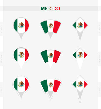 Mexico flag, set of location pin icons of Mexico flag.