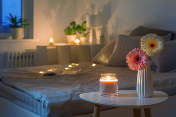 gerbers in white vase with burning candle in bedroom  in evening