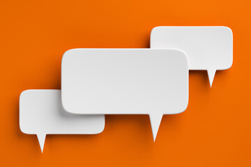 Social media notification icons, white speech bubbles on orange background. 3D rendering