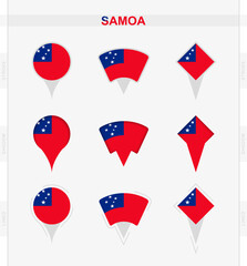 Samoa flag, set of location pin icons of Samoa flag.