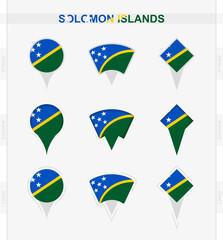 Solomon Islands flag, set of location pin icons of Solomon Islands flag.