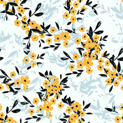 Trendy seamless vector floral pattern. Endless print made of small yellow flowers. Summer and spring motifs. White background. Stock vector illustration. - obrazy, fototapety, plakaty