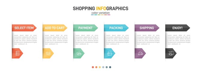 Concept of shopping process with 6 successive steps. Six colorful graphic elements. Timeline design for brochure, presentation, web site. Infographic design layout.