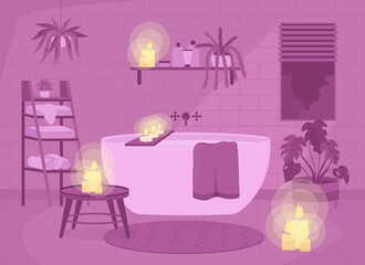 Romantic bathroom atmosphere flat color vector illustration. Purple monochromatic scenery. Bathtub and candles in home. Nordic style 2D cartoon interior with furnishing on background