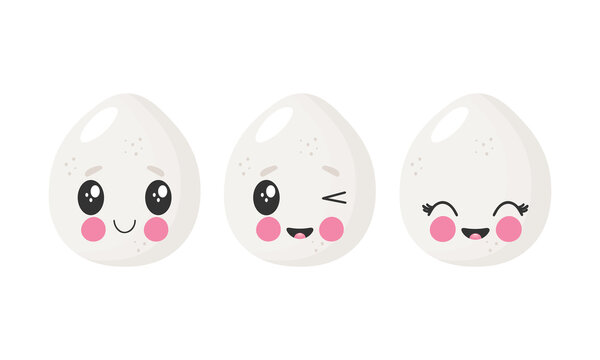 Funny eggs in cartoon style. Greeting card or poster for children's learning, printing on the pack, printing on clothes or utensils. Character with a face and a smile. Vector illustration.