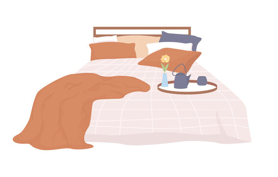 Cozy bed semi flat color vector item. Realistic object on white. Hygge lifestyle furniture. Comfortable living isolated modern cartoon style illustration for graphic design and animation