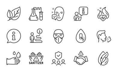 Healthcare icons set. Included icon as Cardio training, Clean hands, Chemistry lab signs. Face accepted, No alcohol, Medical mask symbols. People insurance, Cough, Dont handshake. Leaf. Vector