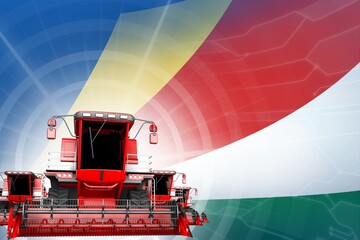 Fototapeta na wymiar Farm machinery modernisation concept, 3 red modern rural combine harvesters on Seychelles flag - digital industrial 3D illustration