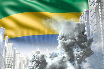 big smoke column in the modern city - concept of industrial disaster or terroristic act on Gabon flag background, industrial 3D illustration