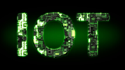 IOT glowing dark green cyber text on black, isolated - industrial 3D rendering