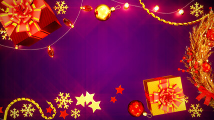 christmas holiday bg with decorations on rose - abstract 3D illustration