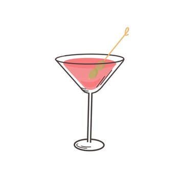Cosmopolitan  cocktail in glass with olive. Hand drawn illustration
