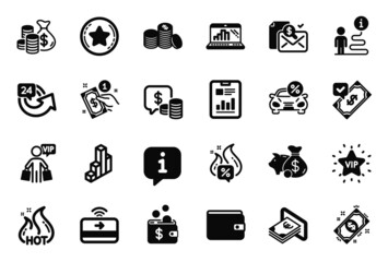 Vector Set of Finance icons related to Hot offer, Accounting report and Payment method icons. Cash, 24 hours and Car leasing signs. Coins bag, Accepted payment and Report document. Coins. Vector