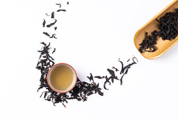 Top view design concept of fresh black tea and leaves in Taiwan.