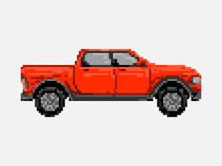 Illustration of red pick up car in pixel art style
