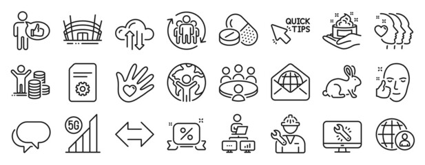Set of Business icons, such as International recruitment, Skin care, Talk bubble icons. Work home, Sync, Like signs. Meeting, Quick tips, Teamwork. Global business, Social responsibility. Vector