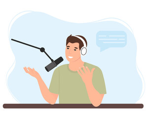 Cute cartoon young man in a headphones talking and recording online podcast with microphone. Podcast concept.